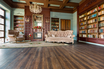 Luxury interior of home library. Sitting room with elegant furniture