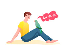 Vector Illustration Of Young Man Is Communicating With Parrot, Best Pet Friends. Guy Is Sitting And Listening The Parrot Singing, Take Care About Bird.