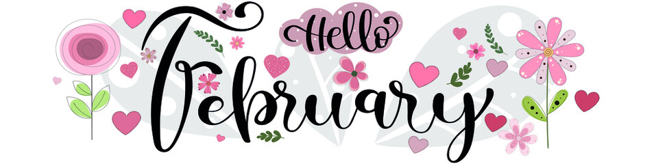 Wall Mural -  Hello February. FEBRUARY month vector with flowers, hearts and leaves. Decoration floral. Illustration month february