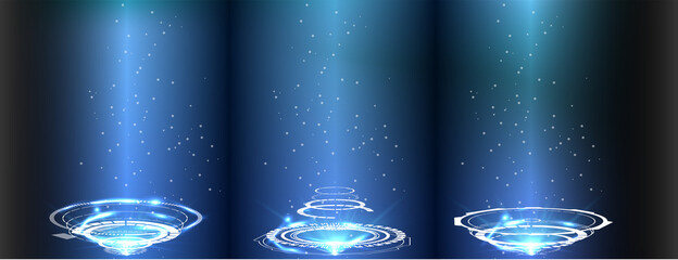 Poster - Portal and hologram futuristic circle elements. Sky-fi digital hi-tech collection in HUD style. Magic circle teleport podium. GUI, UI virtual reality projector. Abstract hologram technology. Vector