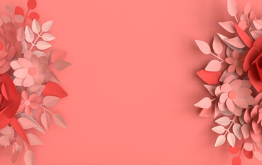 Wall Mural - Paper elegant white flowers and leaves, floral origami background. Valentine's day, Easter, Mother's day, wedding greeting card. 3d render spring or summer flowers illustration in paper art style.