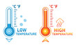 Hot and cold thermometer icon set. Low and high temperature on measuring sсale. Meteorological measurements weather in summer and winter. Control level cooling and heating of equipment. Flat vector 