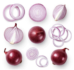 Wall Mural - A set of whole and sliced red onion isolated on white background. Top view.