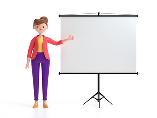 Wall Mural - A woman standing near projector screen and pointing something. business concept. 3d rendering,conceptual image.