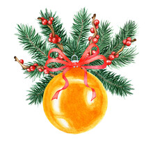 Yellow Ball For Decoration In Fir, Pine Branches, Holly, Ilex And Red Bow. Watercolor Illustration Of Christmas And New Year Decor. Isolated On White Background. Drawn By Hand.