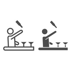 Poster - Bartender throws up a bottle of drink line and solid icon, Bartenders Day concept, Bartender juggles drinks sign on white background, barman prepares cocktail icon in outline style. Vector graphics.