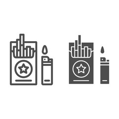 Poster - Pack of cigarettes and lighter line and solid icon, Addiction concept, nicotine dependence sign on white background, Cigarettes and lighter icon in outline style for mobile and web. Vector graphics.