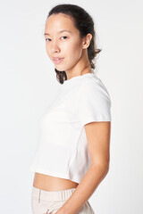 Poster - Women's white crop top and sweatpants outfit