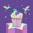 Stylish summer composition with blueberry cupcake and hummingbirds. Dessert poster. Image for printing on any surface