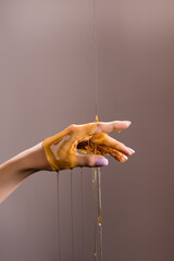 Wall Mural - cropped view of female hand in honey isolated on grey, stock image