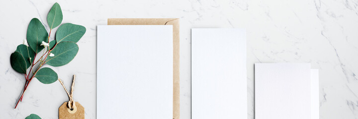 Wall Mural - flatlay of white card mockups website banner template