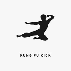 Kung Fu flying kick black silhouette. Chinese martial arts icon sign or symbol. Karate logo. MMA fighter. Jiu Jitsu training. Combat sports fight. Jumping leg attack simple vector illustration.