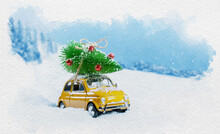 Watercolor Retro Yellow Car Carrying Christmas Tree On Roof In Snowy Winter Forest. Christmas Background. Holidays Card.