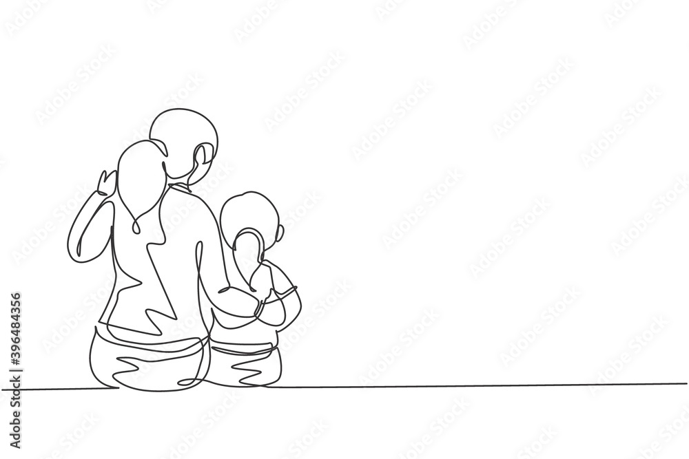 Single continuous line drawing of young mother talking with her daughter about goal and education at home. Happy family parenting concept. Trendy one line draw graphic design vector illustration - obrazy, fototapety, plakaty 