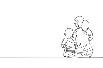 One continuous line drawing young mother talking with her son about goal and purpose of life at home, family life. Happy parenting concept. Dynamic single line draw graphic design vector illustration