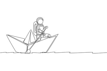 Poster - One continuous line drawing of young astronaut sailor rowing paper boat in sea ocean. Cosmic galaxy space concept. Dynamic single line draw design graphic vector illustration