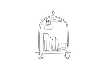 Poster - One single line drawing of luggage trolley in hotel vector graphic illustration. Hotel room service concept. Modern continuous line draw design