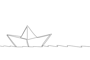 Poster - One continuous line drawing of paper boat sailing on the water river. Origami craft concept. Dynamic single line draw design vector graphic illustration