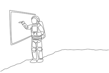 Poster - one continuous line drawing of young astronaut explaining formula and writing on whiteboard in moon 