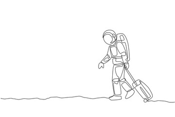 Poster - Single continuous line drawing young astronaut pulling suitcase while walking out from airport in moon surface. Space man cosmic galaxy concept. Trendy one line draw design graphic vector illustration