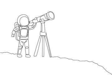 Poster - One continuous line drawing of young happy astronaut looking galaxy using telescope in moon surface. Space man deep space concept. Dynamic single line draw design vector graphic illustration