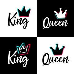 Wall Mural - Crown queen king. Youth teens party props. Modern advertising social media birthday celebration design. Tik icon fashion photo booth text. Black blue pink tok sticker white background. Vector banner