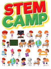 Poster - Stem camp logo and set of children with education objects isolated