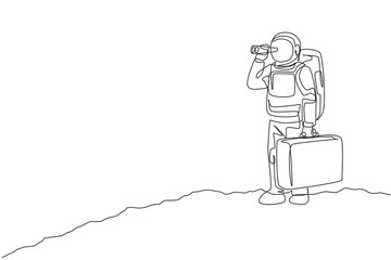 Poster - Single continuous line drawing of young astronaut holding suitcase and looking with binocular in moon surface. Space man cosmic galaxy concept. Trendy one line draw design graphic vector illustration