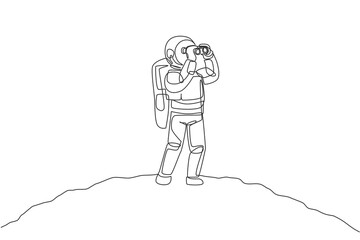 Poster - One single line drawing of young happy astronaut enjoying to see scenery using binocular in moon surface graphic vector illustration. Cosmonaut outer space concept. Modern continuous line draw design