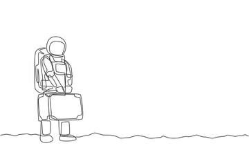 Poster - One continuous line drawing young happy astronaut holding big suitcase luggage want to travel in moon surface. Space man deep space concept. Dynamic single line draw design vector graphic illustration
