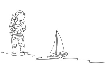 Poster - One single line drawing of astronaut playing sailboat radio control in moon land vector graphic illustration. Doing hobby while leisure time in deep space concept. Modern continuous line draw design