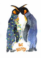 watercolor illustration of 2 new year's loving penguins in a colored electric garland and the inscription Be Happy. Christmas card with cute animals