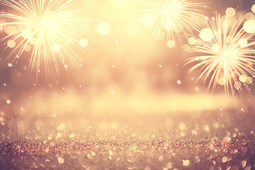Wall Mural - gold and silver fireworks and bokeh in new year eve and copy space. abstract background holiday.