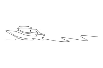 Poster - One continuous line drawing of fast speed boat sailing on the sea. Water transportation vehicle concept. Dynamic single line draw design vector illustration graphic