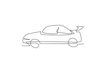 Poster - Single continuous line drawing of classic sedan car from side view. Transportation road vehicle concept. Trendy one line draw design vector graphic illustration