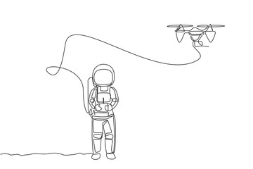 Poster - One single line drawing astronaut playing drone plane radio control in moon land graphic vector illustration. Doing hobby while leisure time in deep space concept. Modern continuous line draw design