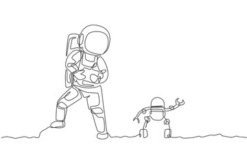 Poster - Single continuous line drawing of astronaut playing robot radio control in moon surface. Having fun in leisure time on outer space concept. Trendy one line draw graphic design vector illustration