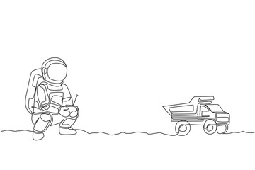 Poster - One single line drawing of astronaut playing dump truck radio control in moon land graphic vector illustration. Doing hobby while leisure time in deep space concept. Modern continuous line draw design
