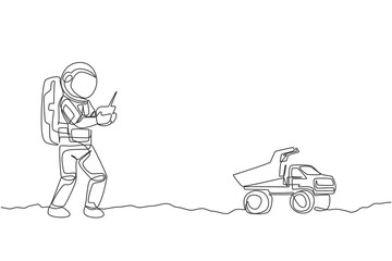 Poster - One continuous line drawing of astronaut playing dump truck radio control in moon cosmic galaxy. Outer space hobby and lifestyle concept. Dynamic single line draw design vector illustration graphic