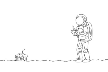 Poster - Single continuous line drawing astronaut playing monster truck radio control in moon surface. Having fun in leisure time on outer space concept. Trendy one line draw graphic design vector illustration