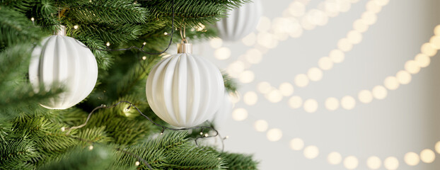 Wall Mural - Close up Christmas tree and decoration, white Christmas ball. 3d rendering