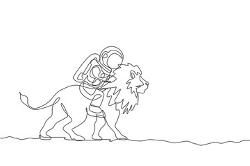Poster - Single continuous line drawing of cosmonaut with spacesuit riding lion, wild animal in moon surface. Fantasy astronaut safari journey concept. Trendy one line draw graphic design vector illustration