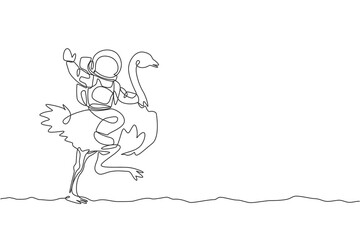 Poster - One continuous line drawing of spaceman take a walk riding an ostrich, fastest animal in moon surface. Deep space safari journey concept. Dynamic single line draw design graphic vector illustration
