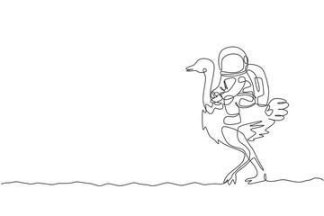 Poster - Single continuous line drawing of cosmonaut with spacesuit riding ostrich, big bird animal in moon surface. Fantasy astronaut safari journey concept. Trendy one line draw design vector illustration