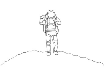 Poster - single continuous line drawing of astronaut in moon surface calling with phone satellite. business o