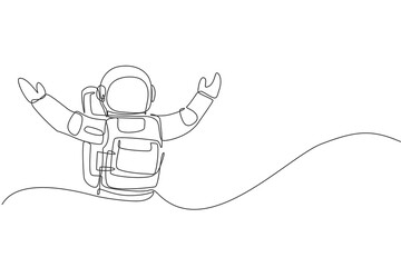 Poster - Single continuous line drawing of astronaut open his hands ready to hug in moon surface. Business office with galaxy outer space concept. Trendy one line draw design graphic vector illustration