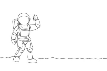 Poster - One single line drawing cosmonaut make okay gesture with his fingers in moon surface graphic vector illustration. Astronaut business office with outer space concept. Modern continuous line draw design