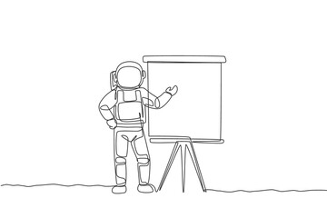 Poster - Single continuous line drawing of astronaut giving business presentation in company meeting. Business office with galaxy outer space concept. Trendy one line draw design vector illustration graphic