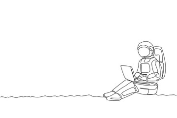 Poster - Single continuous line drawing of astronaut sitting in moon surface while typing on laptop computer. Business office with galaxy outer space concept. Trendy one line draw design vector illustration