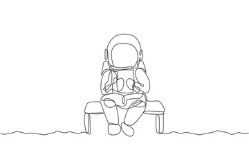 Poster - Single continuous line drawing of astronaut siting relax on chair while reading news in tablet phone. Business office with galaxy outer space concept. Trendy one line draw design vector illustration